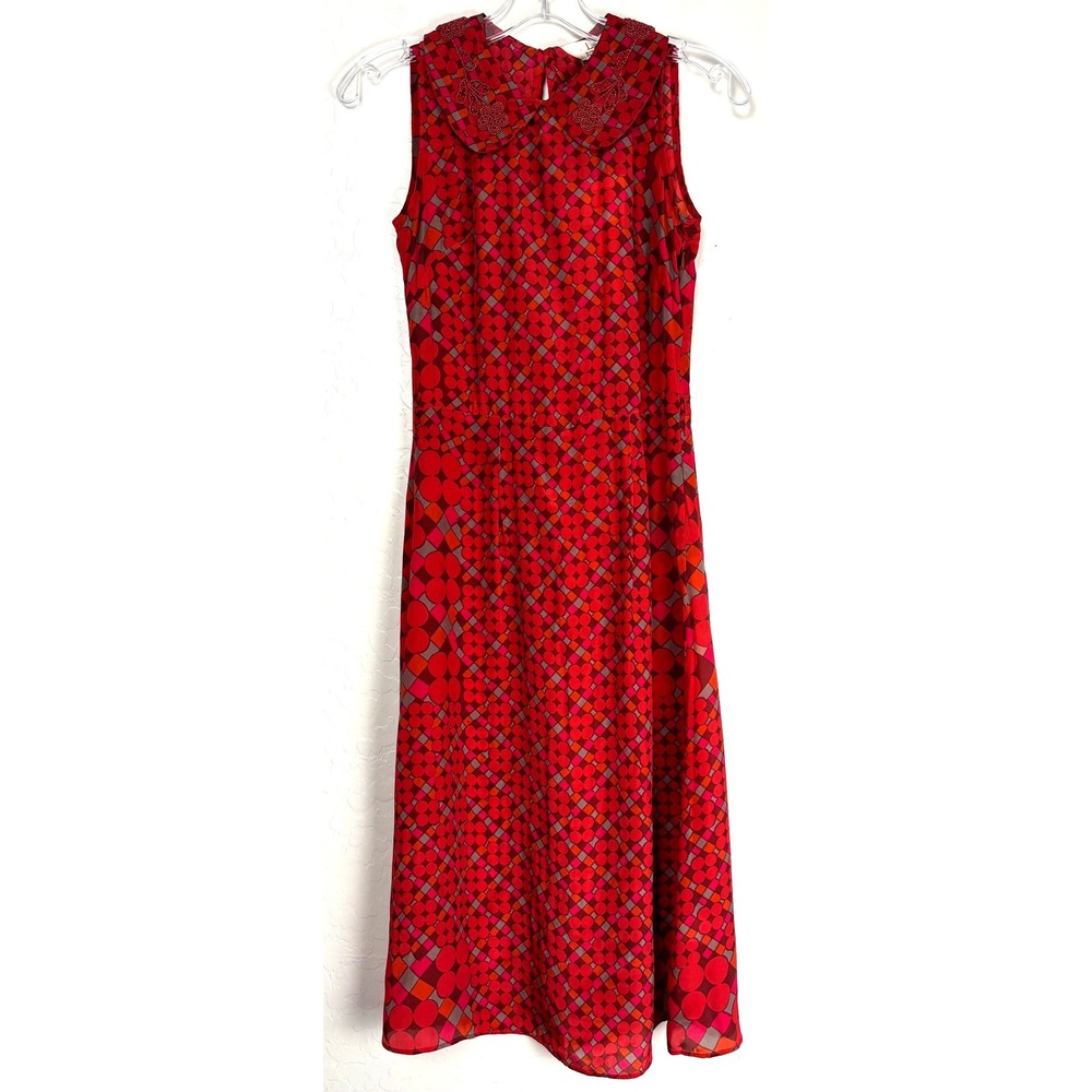 Label Ritu Kumar Red Multi Check Beaded Collar Sleeveless Midi Dress 1/XS 2490